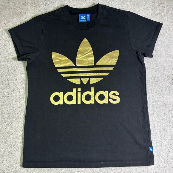 Adidas Trefoil Short Sleeve T-Shirt Women’s Large Black & Gold Graphic Logo - Picture 1 of 11